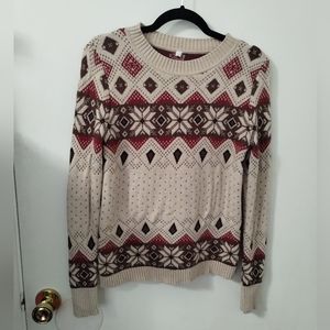 Vintage Fair Isle Nordic Knit Sweater Beige Red Brown Geometric Snowflake Medium
